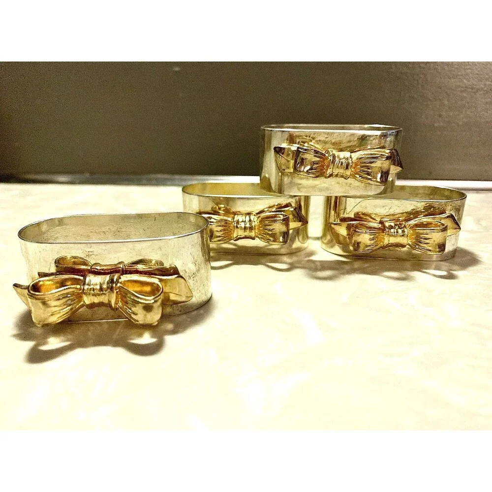 Vintage Regal Quality Silver Plated Napkin Rings Gold Bow Set of 4 Hong Kong